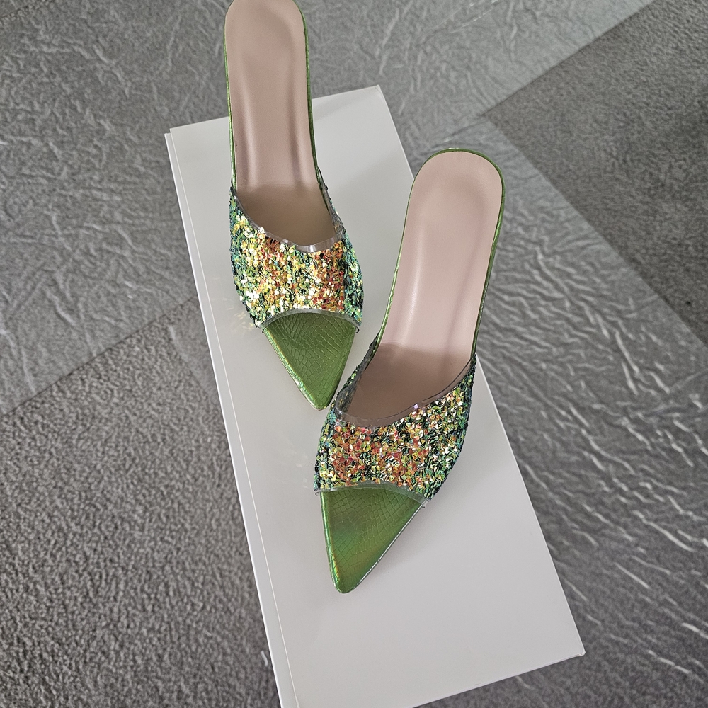 Green Sequin Slip On Heels